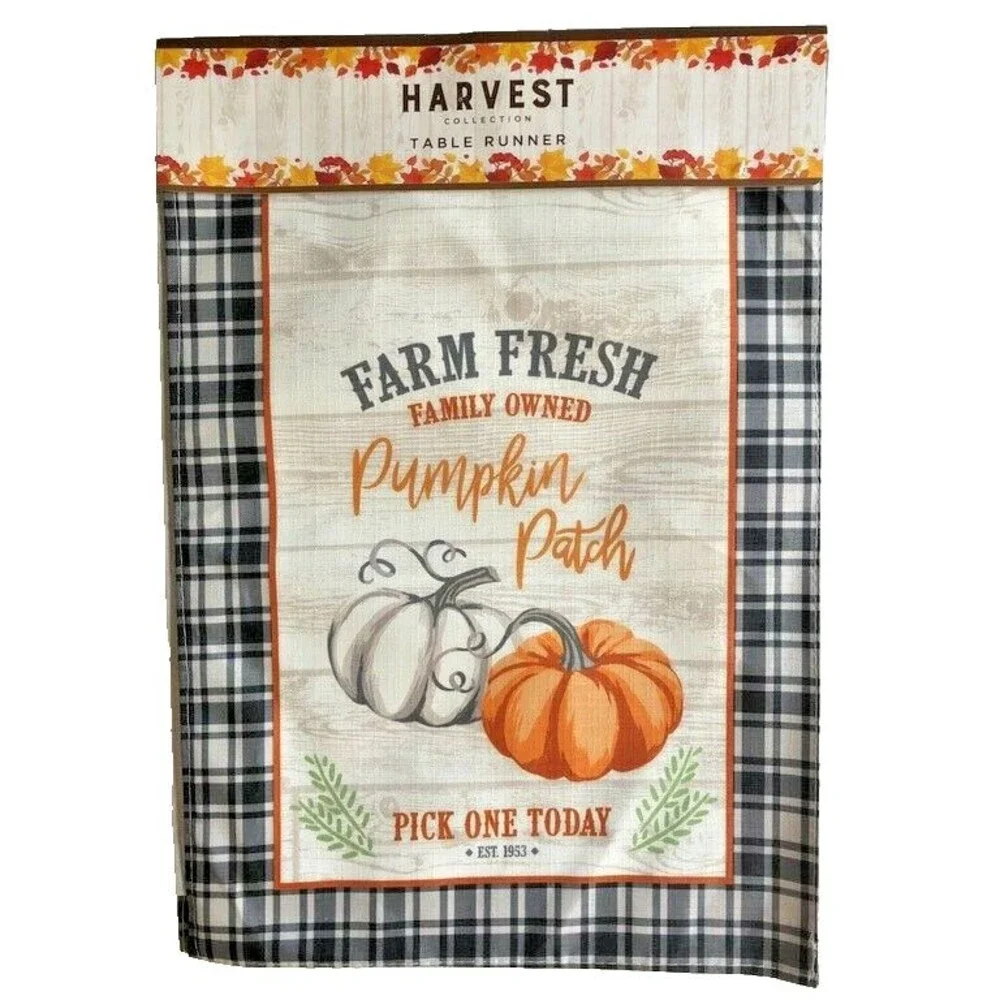 Pumpkin Patch Table Runner Thanksgiving Fall Black Buffalo Plaid Trim 13x72